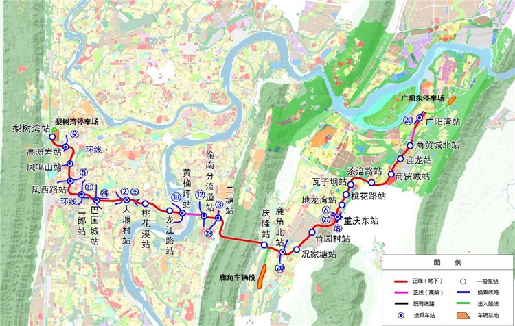 整体线路规划图: 重庆轨道交通24号线一期工程项目南起巴南区鹿角,北